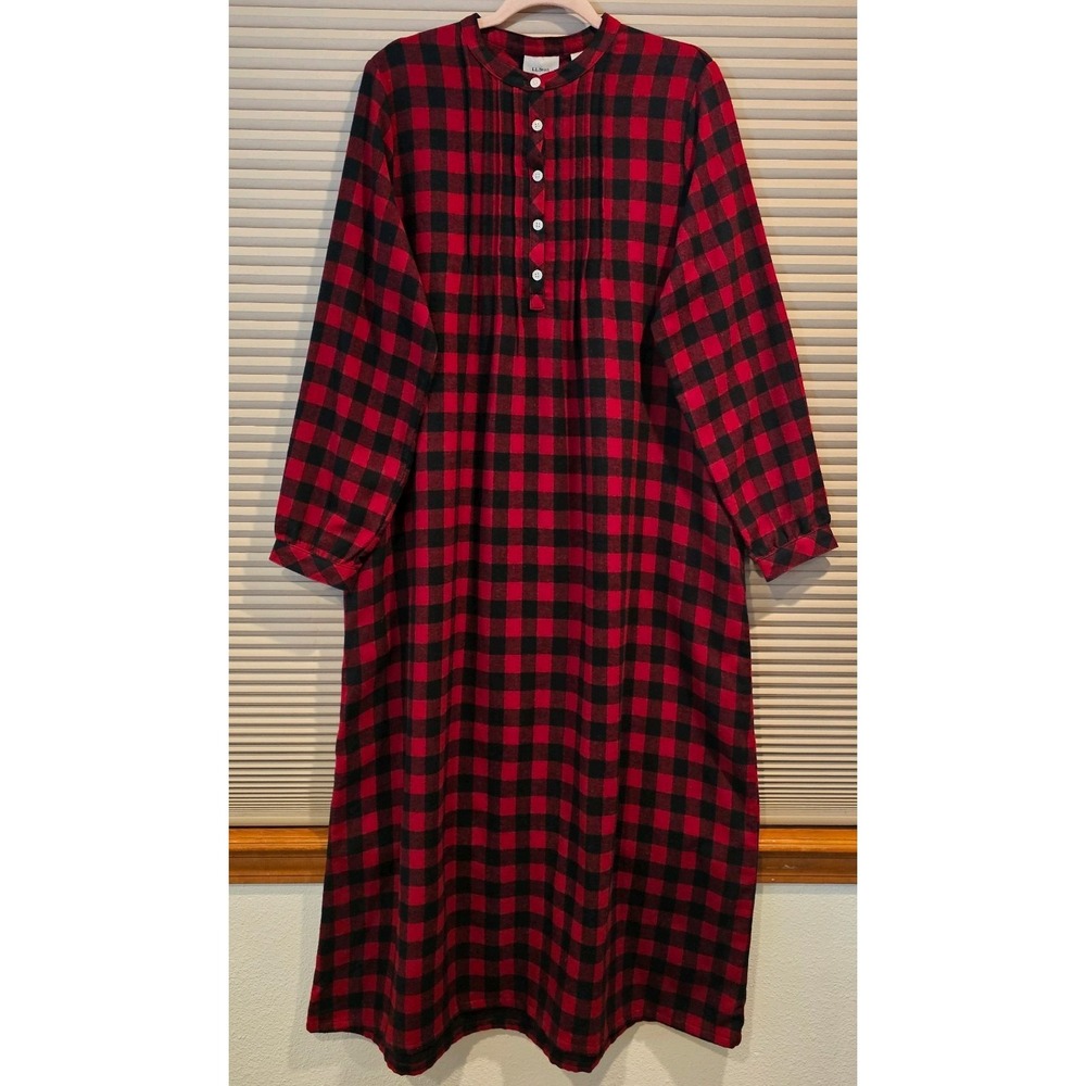 L.L. Bean Scotch Plaid‎ Cotton Flannel Cozy Red Classic Pockets Nightgown Medium